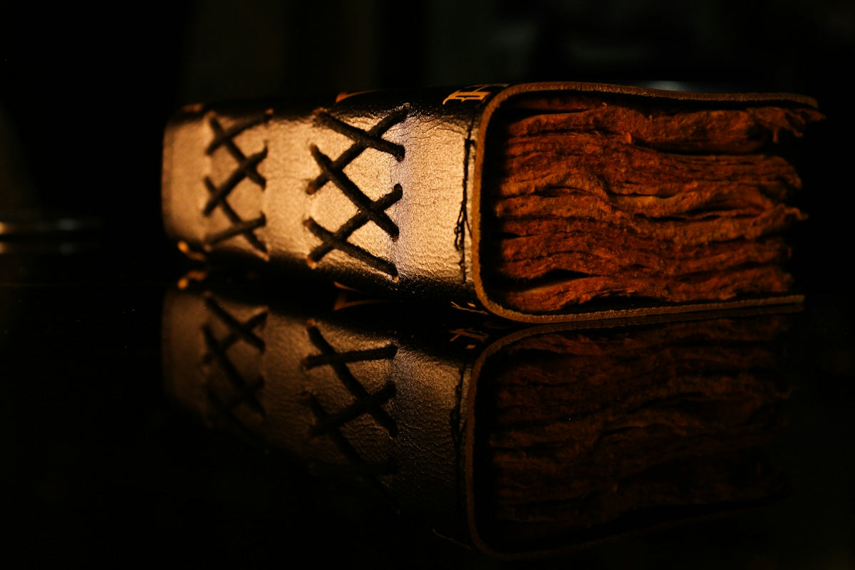 An old, leather-bound book with textured pages