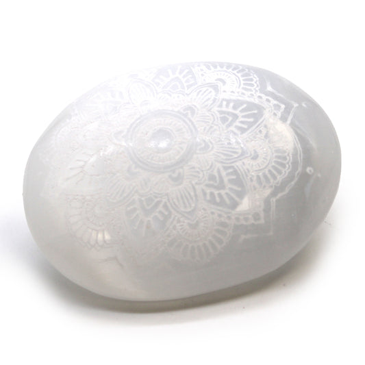 Selenite Palm Stone - Mandala Engraved From Witch, Please!