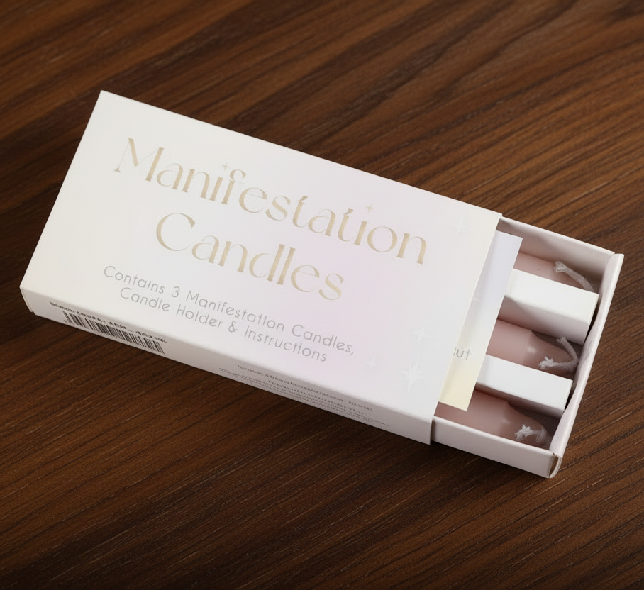 Box of 'Manifestation Candles' on a wooden surface