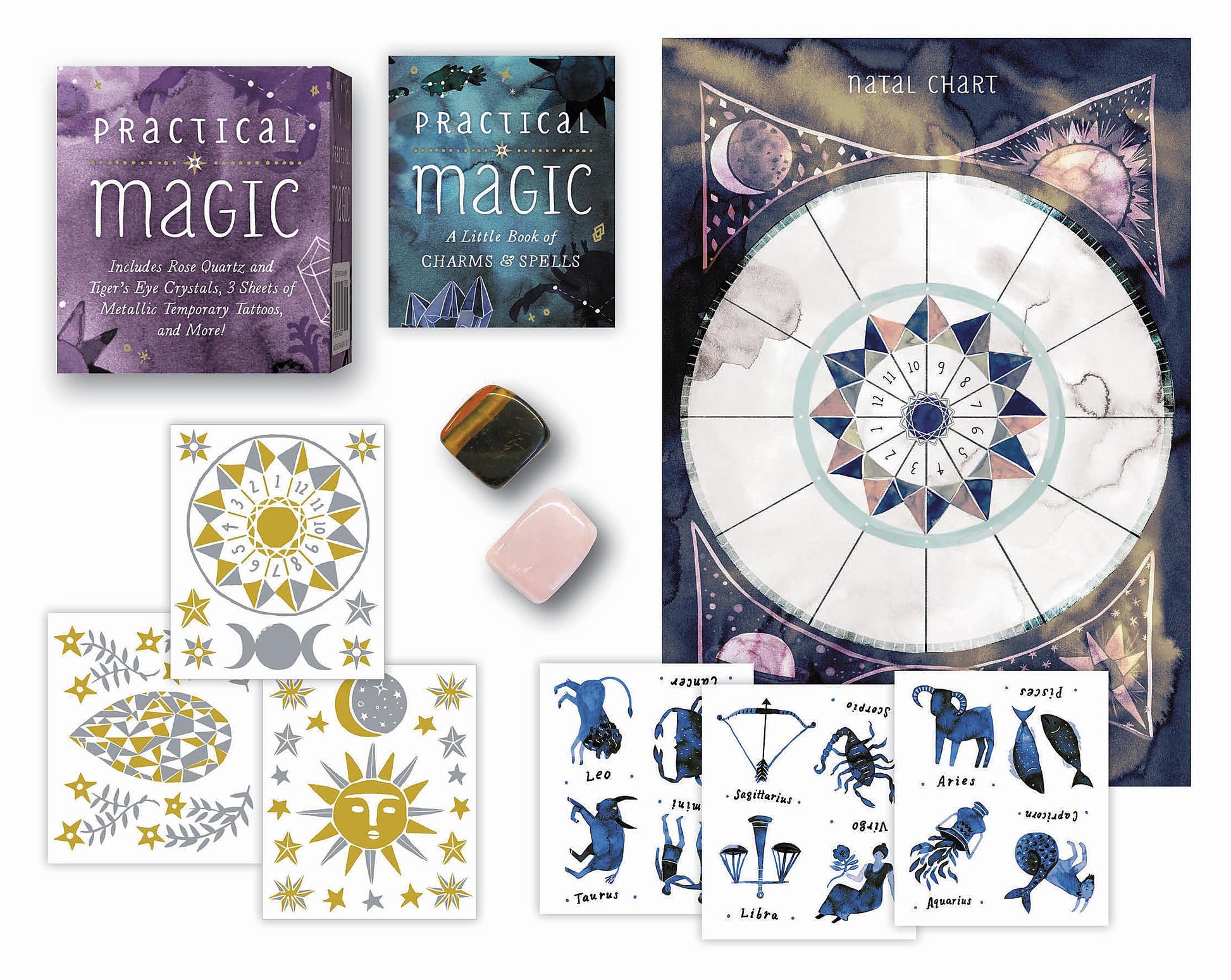 Practical Magic : Includes Rose Quartz and Tiger's Eye Crystals, 3 Sheets of Metallic Tattoos, and More! - Sold by Witch, Please!