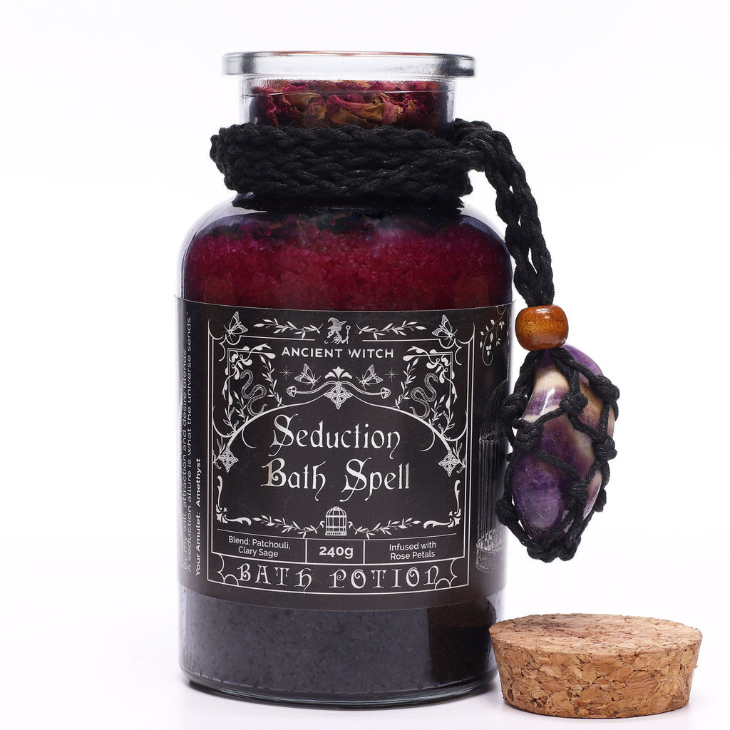 Ancient Witch Bath Spell Potion & Amethyst Crystal Amulet - Seduction Potions