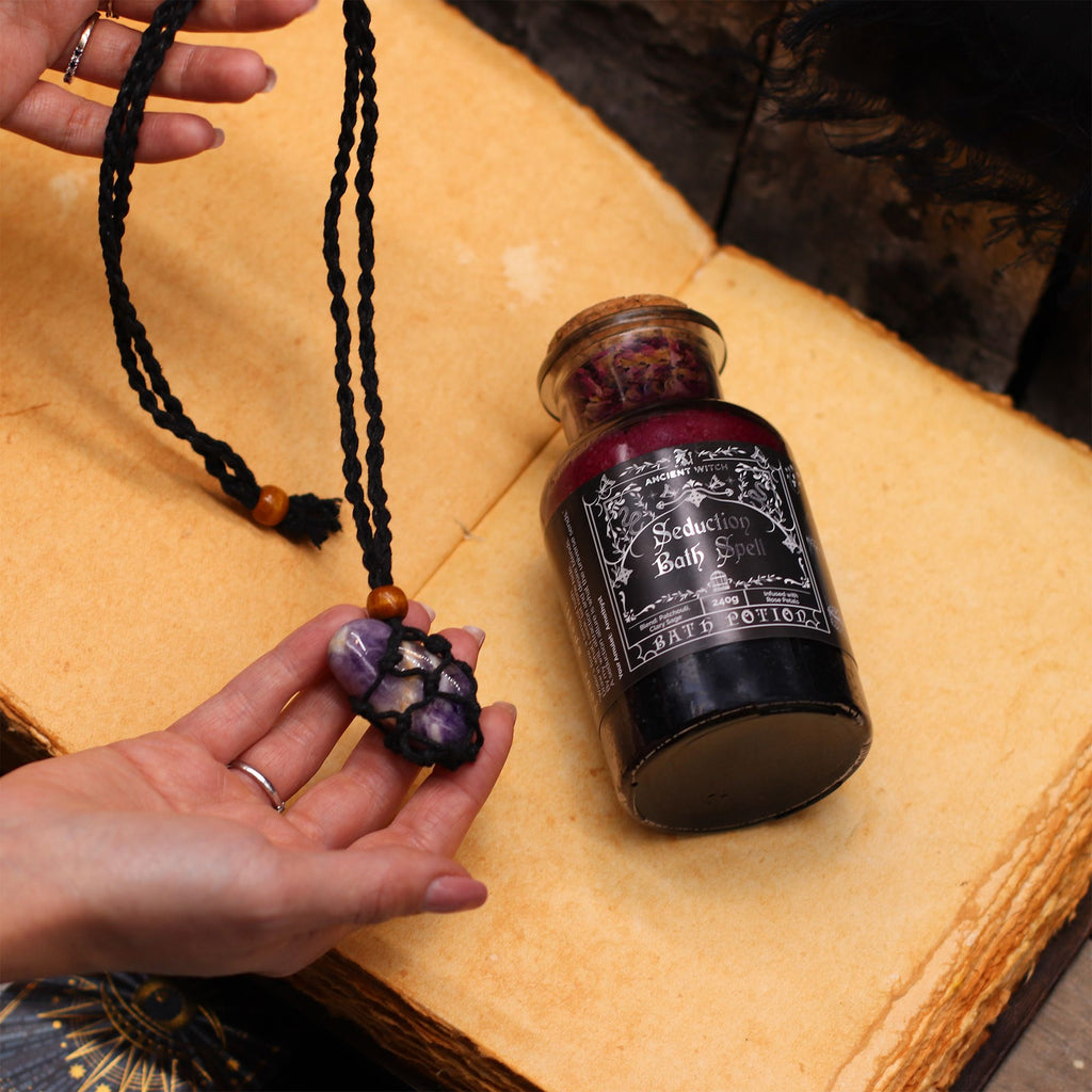 Ancient Witch Bath Spell Potion & Amethyst Crystal Amulet - Seduction Potions