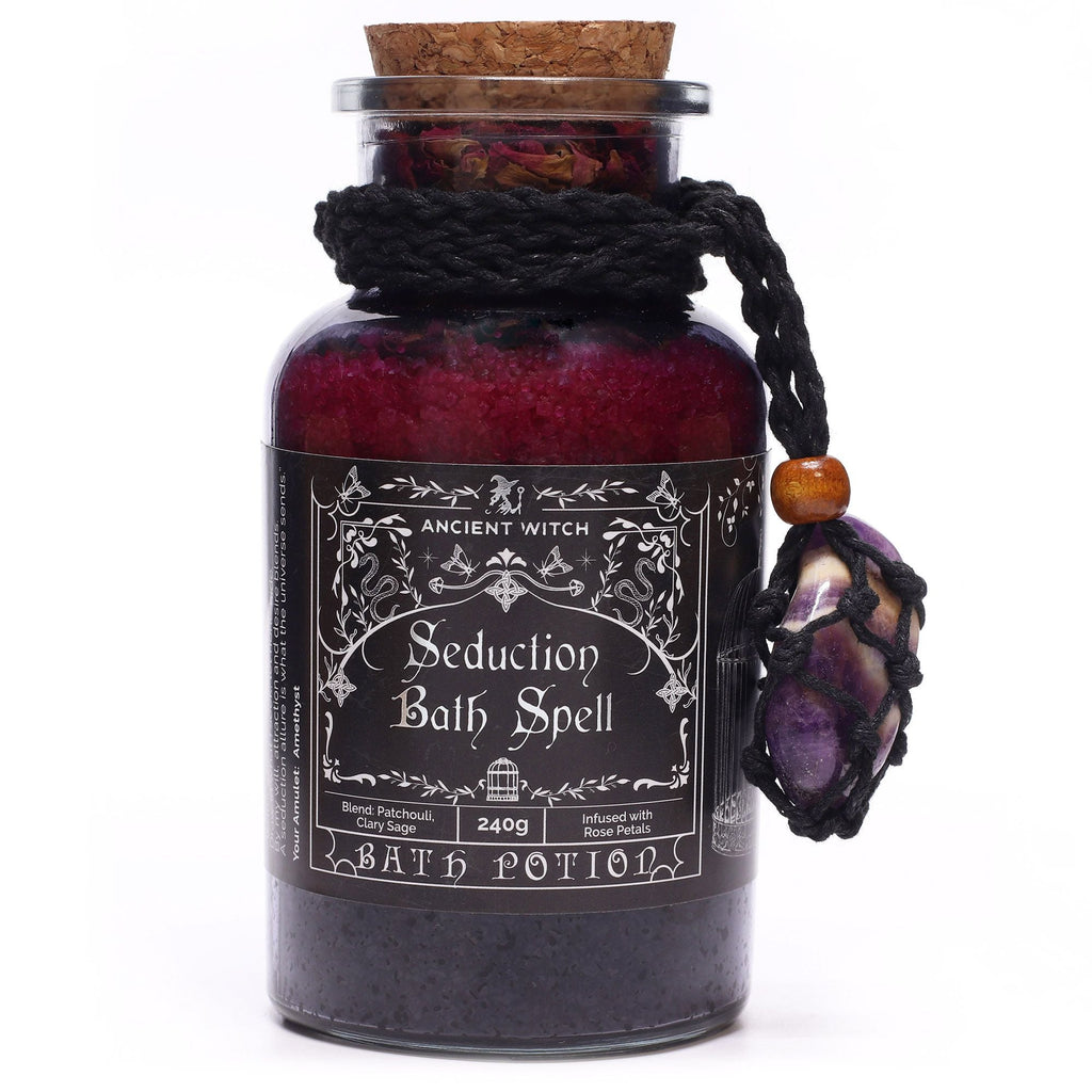 Ancient Witch Bath Spell Potion & Amethyst Crystal Amulet - Seduction Potions