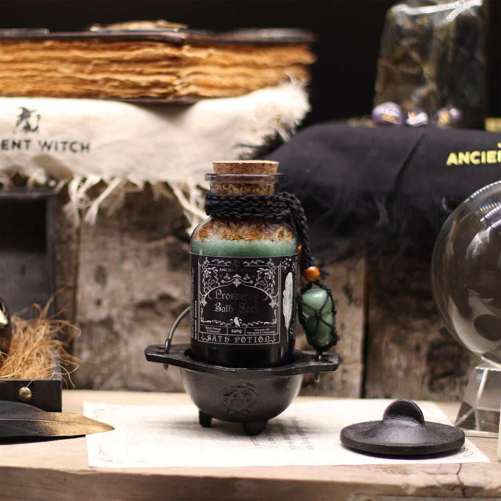 Ancient Witch Bath Spell Potion & Aventurine Crystal Amulet - Prosperity Potions
