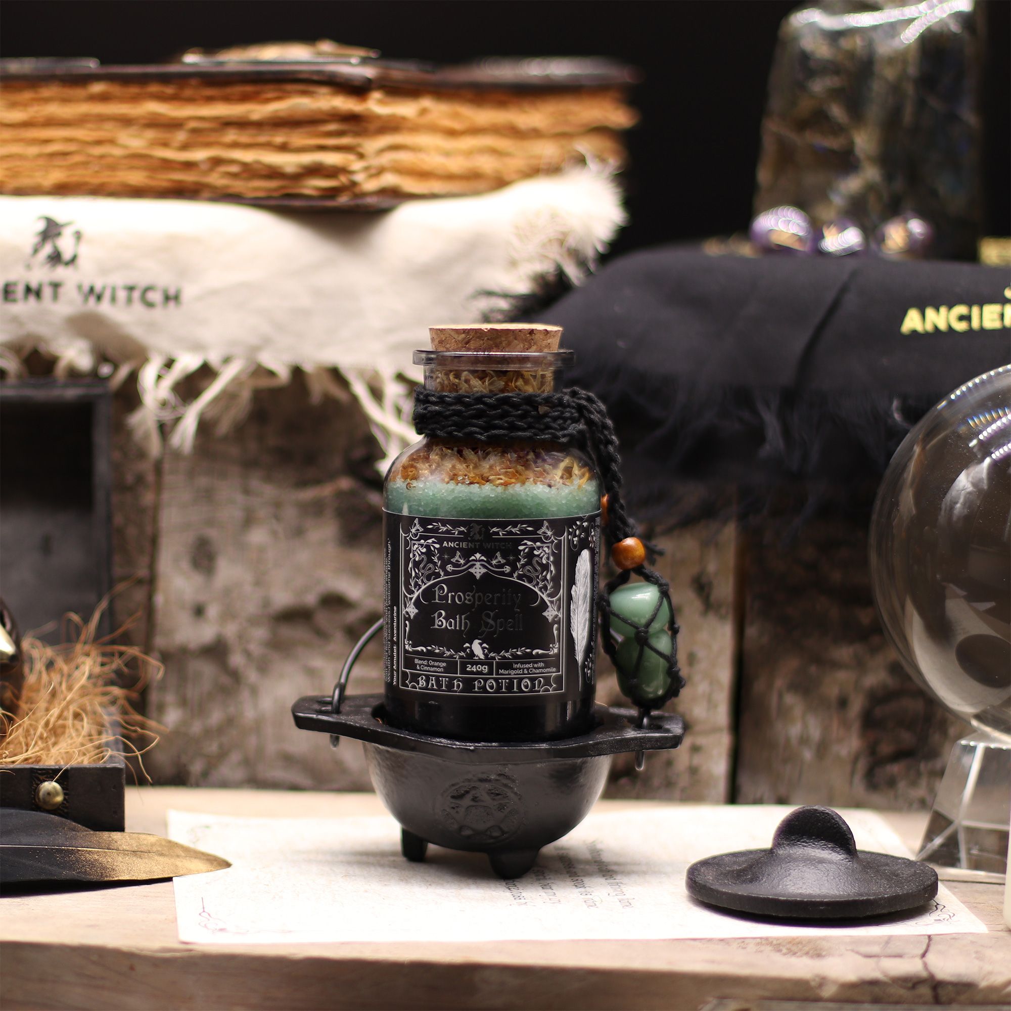 Ancient Witch Bath Spell Potion & Aventurine Crystal Amulet - Prosperity Potions