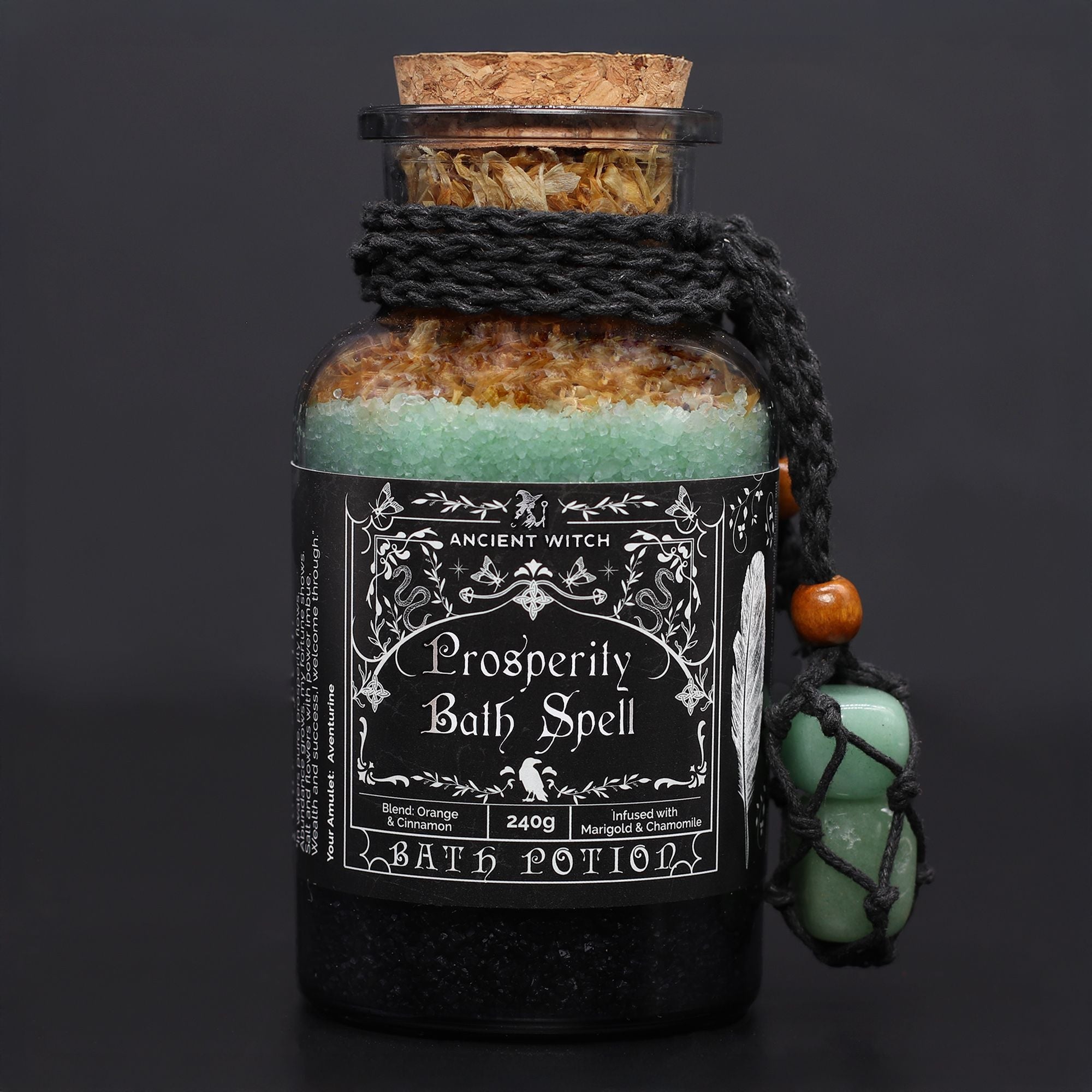 Ancient Witch Bath Spell Potion & Aventurine Crystal Amulet - Prosperity Potions