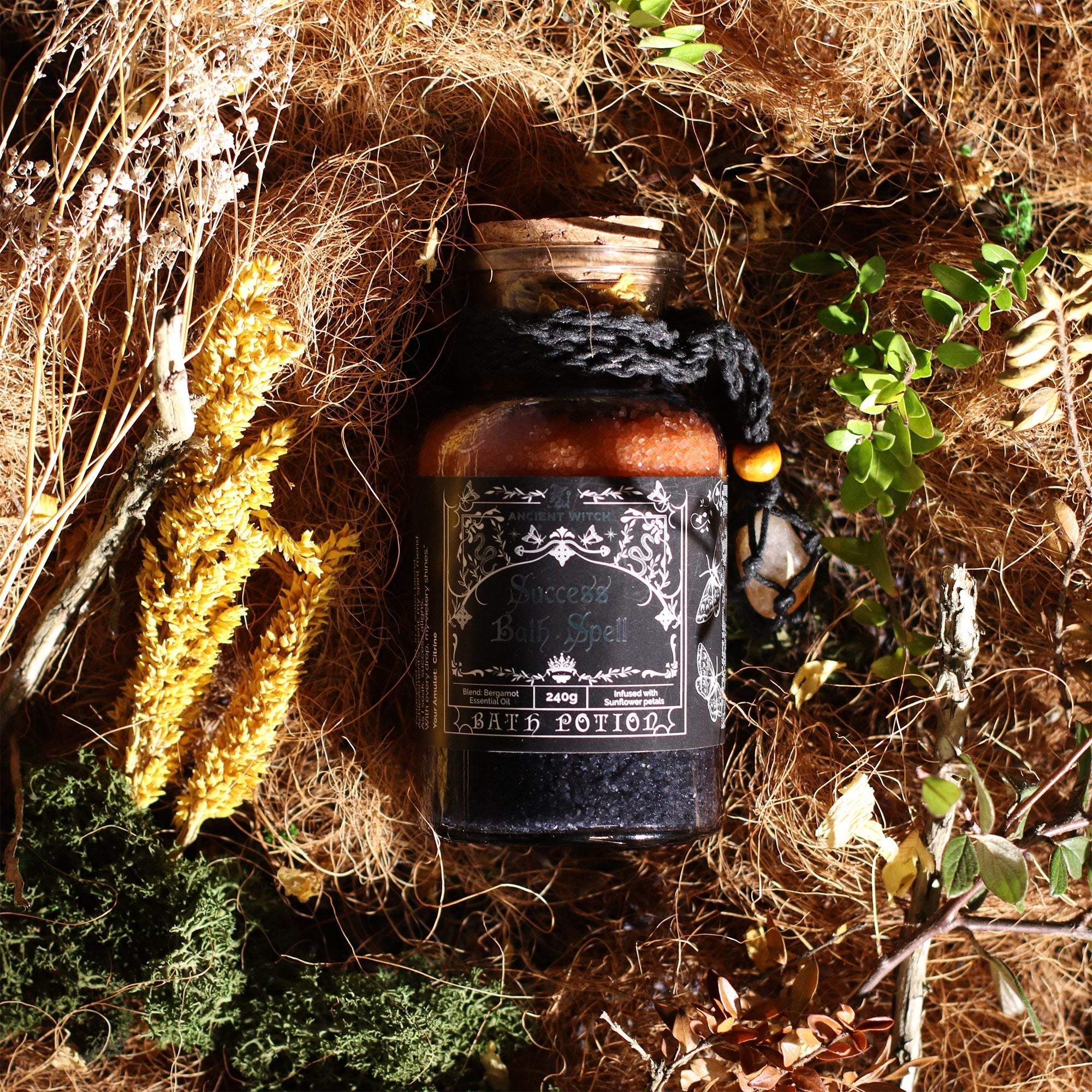 Ancient Witch Bath Spell Potion & Citrine Crystal Amulet - Success Potions