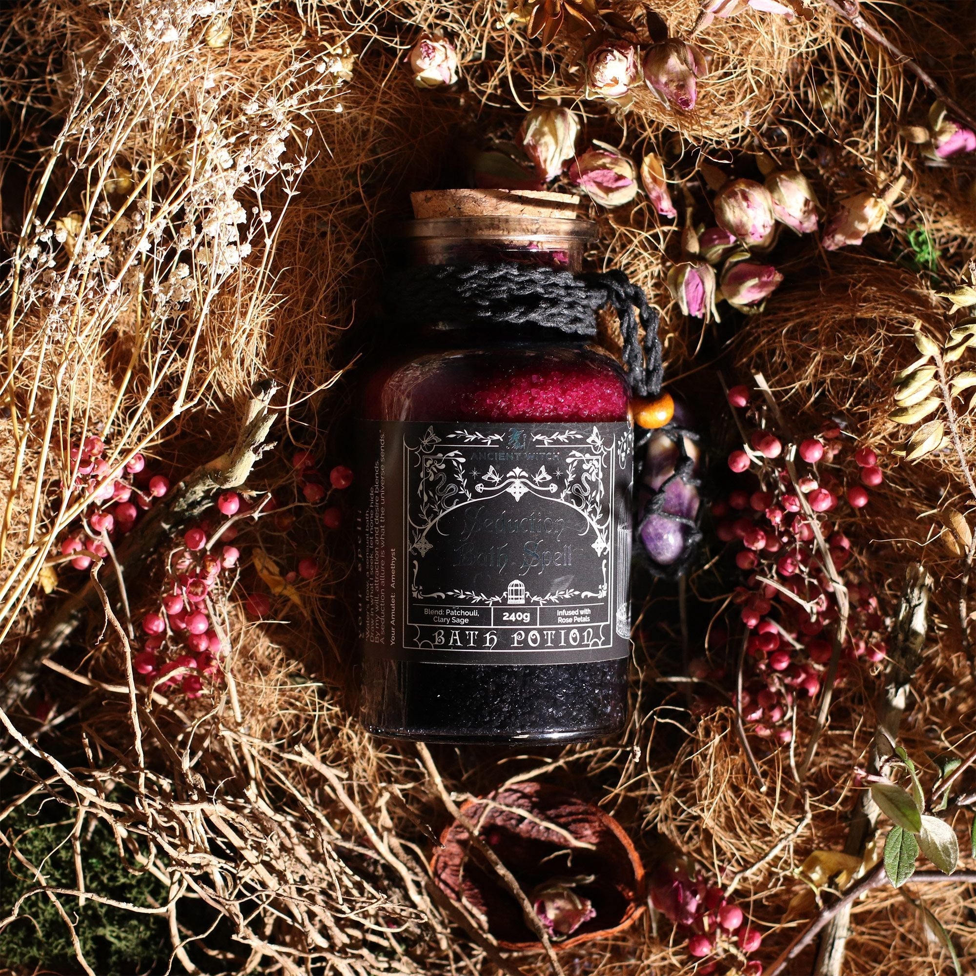 Ancient Witch Bath Spell Potion & Amethyst Crystal Amulet - Seduction Potions