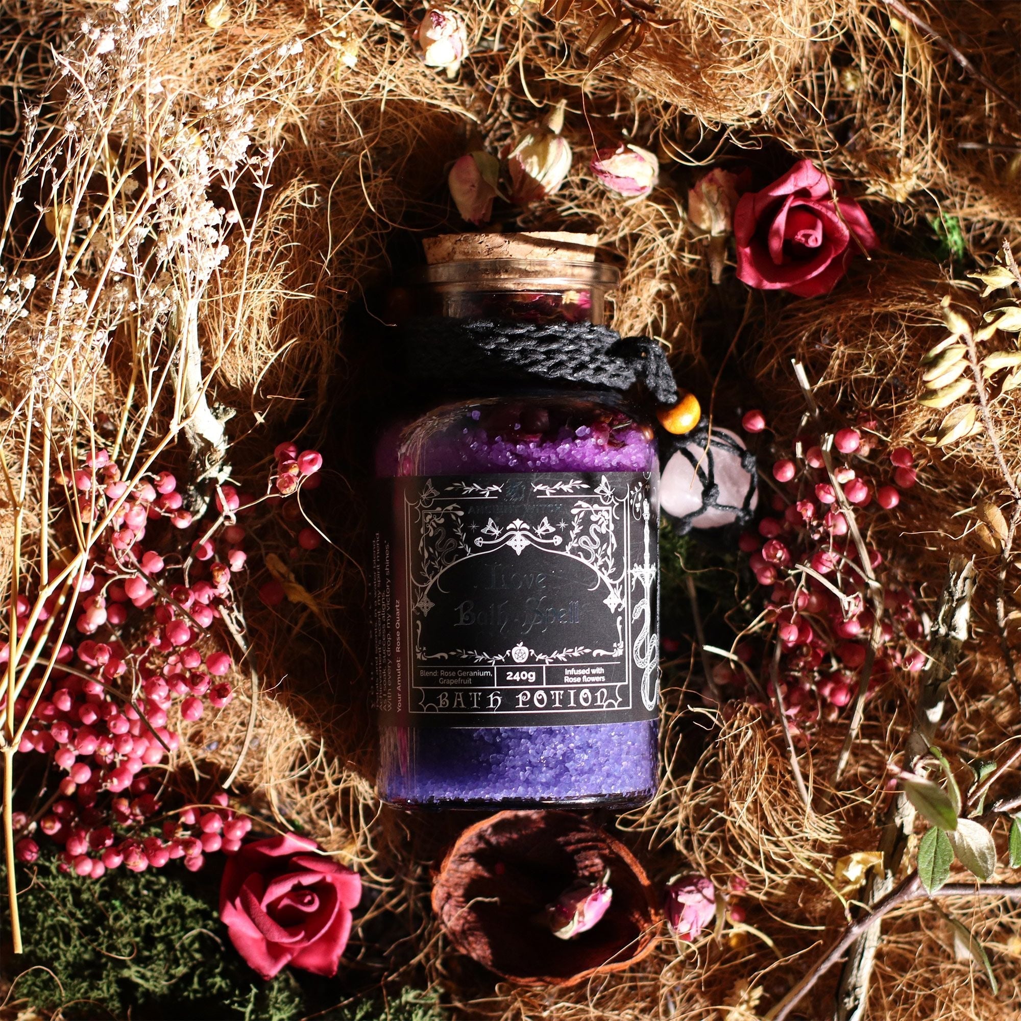 Ancient Witch Bath Spell Potion & Rose Quartz Crystal Amulet - Love Potions