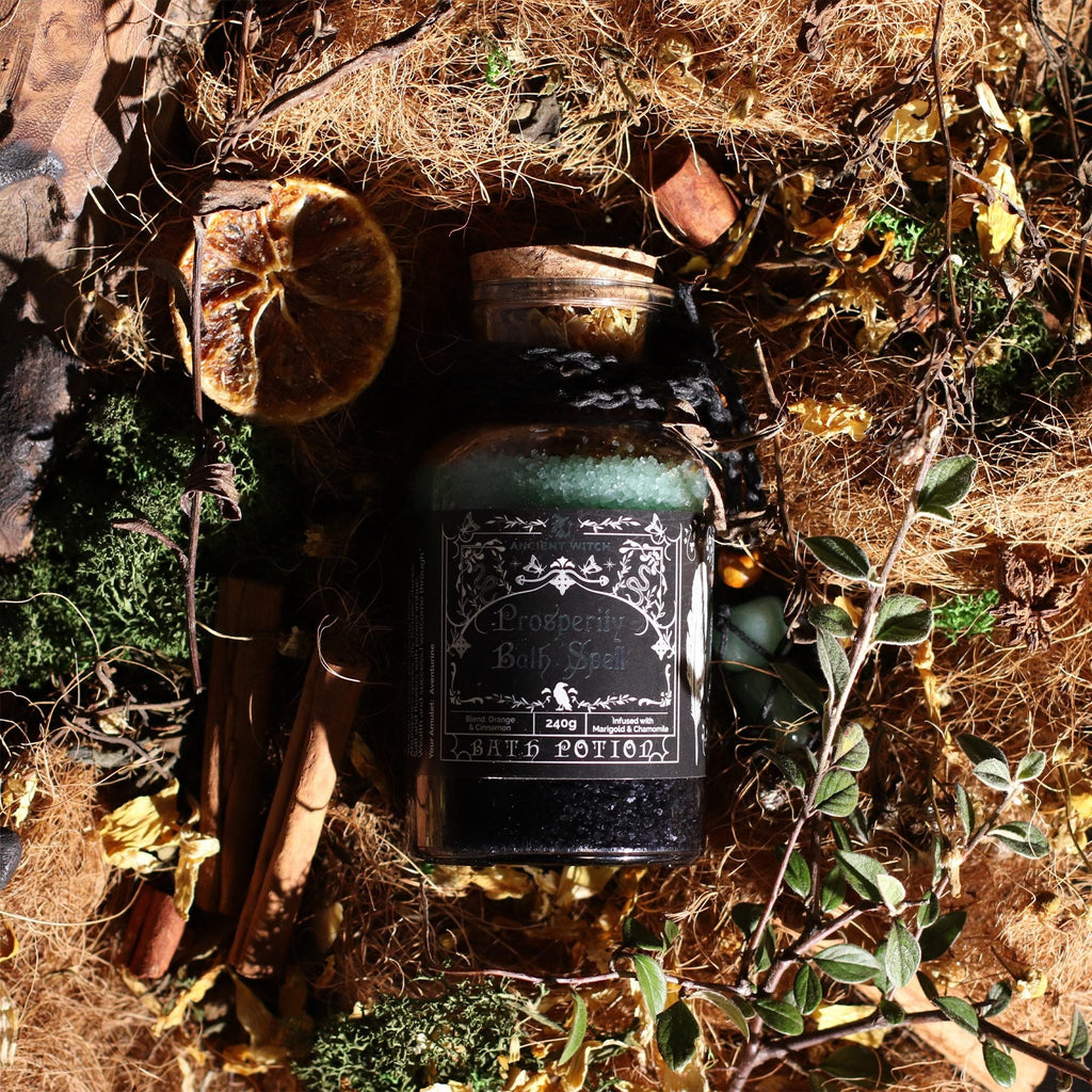 Ancient Witch Bath Spell Potion & Aventurine Crystal Amulet - Prosperity Potions