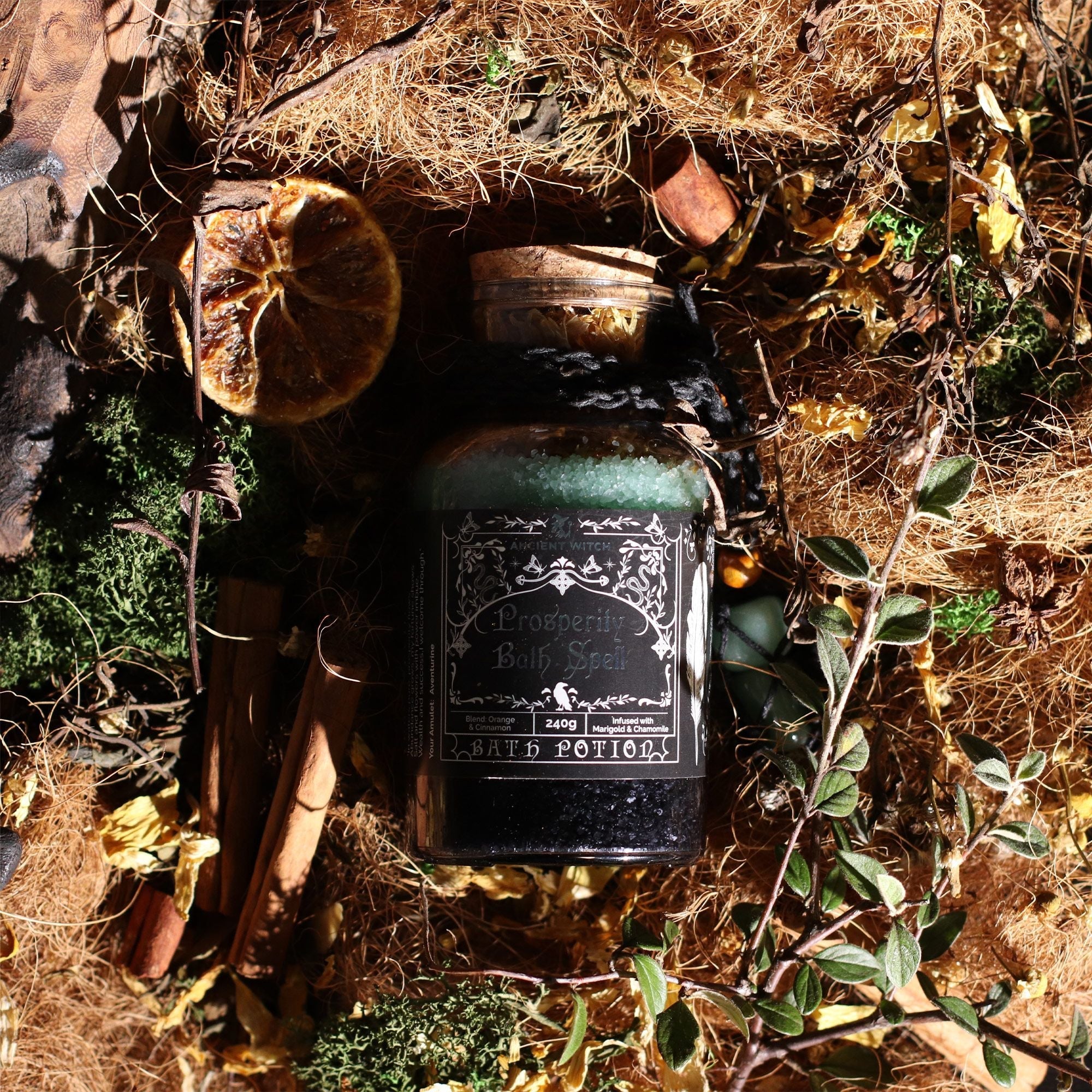 Ancient Witch Bath Spell Potion & Aventurine Crystal Amulet - Prosperity Potions