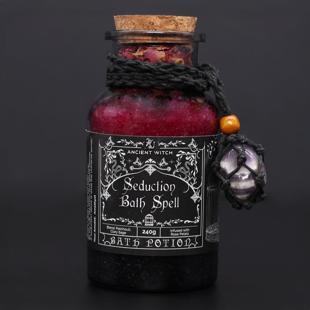 Ancient Witch Bath Spell Potion & Amethyst Crystal Amulet - Seduction Potions