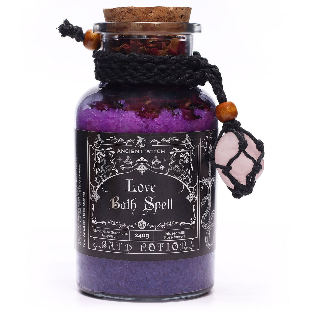 Ancient Witch Bath Spell Potion & Rose Quartz Crystal Amulet - Love Potions