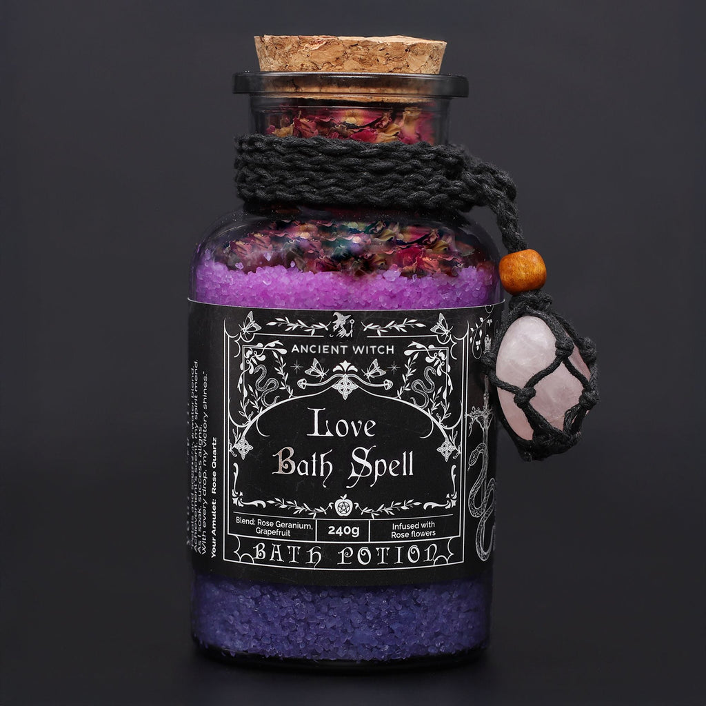Ancient Witch Bath Spell Potion & Rose Quartz Crystal Amulet - Love Potions