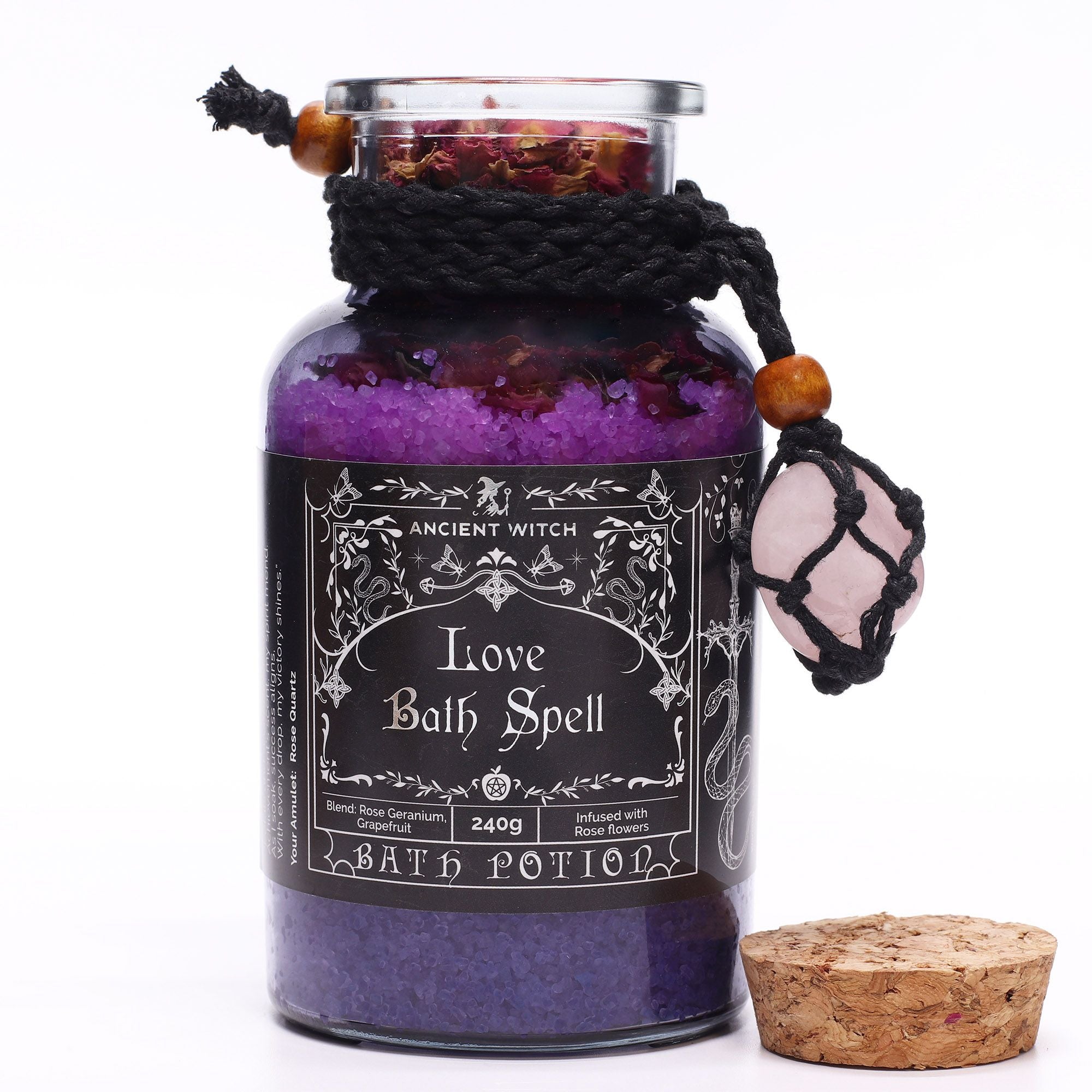 Ancient Witch Bath Spell Potion & Rose Quartz Crystal Amulet - Love Potions