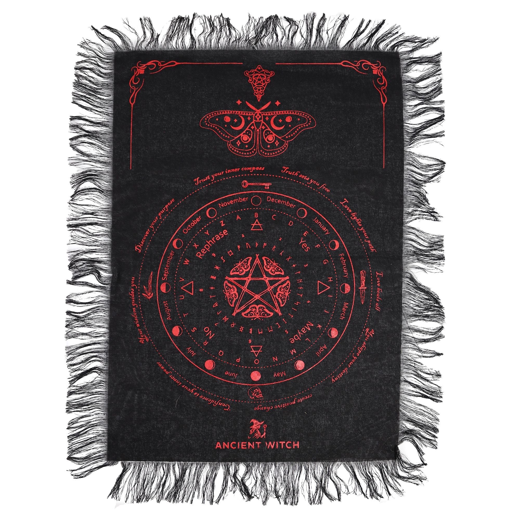 Ancient Witch Pendulum Divination Cloth - Mystic Moth - Black & Blood Red Clothes