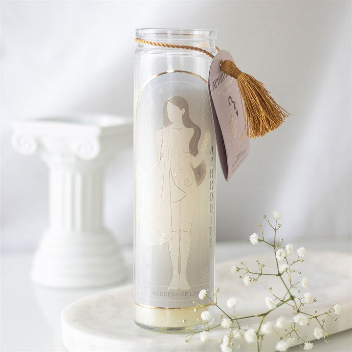 Aphrodite Goddess Tube Candle with Rose Quartz Crystals at Witch, Please!.