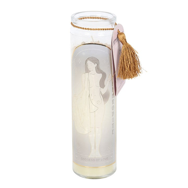 Aphrodite Goddess Tube Candle with Rose Quartz Crystals at Witch, Please!.