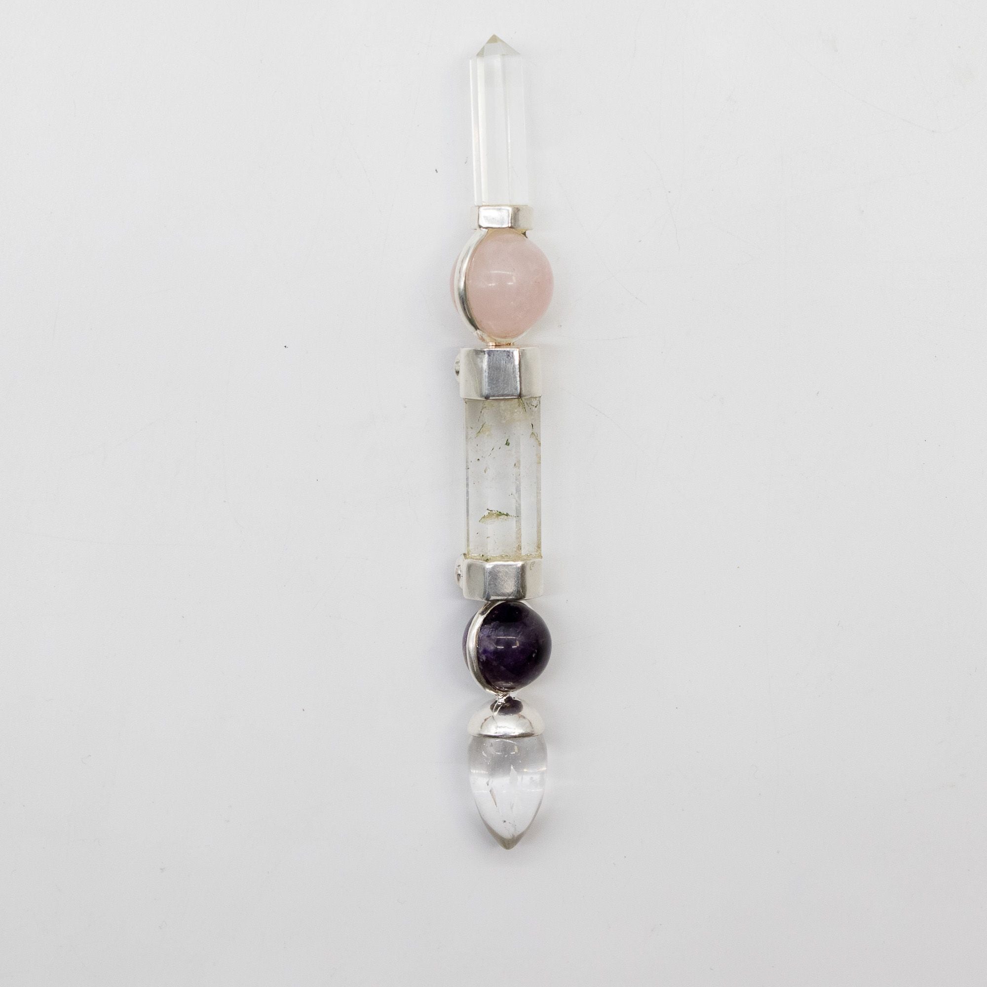 Axis of Grace Wand - Amethyst & Rose Quartz Spheres Stem - 12cm Crystal Healing Wands