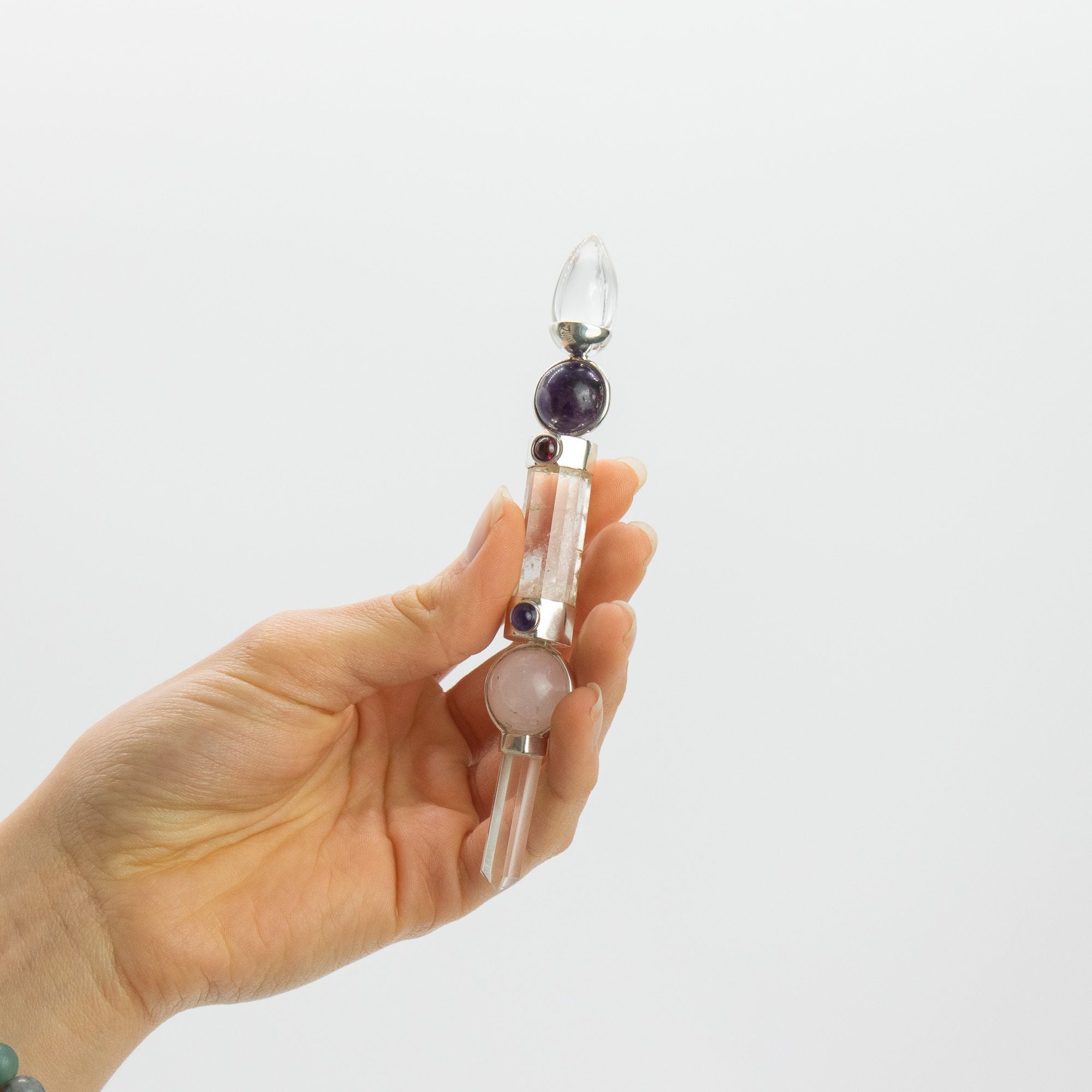 Axis of Grace Wand - Amethyst & Rose Quartz Spheres Stem - 12cm Crystal Healing Wands