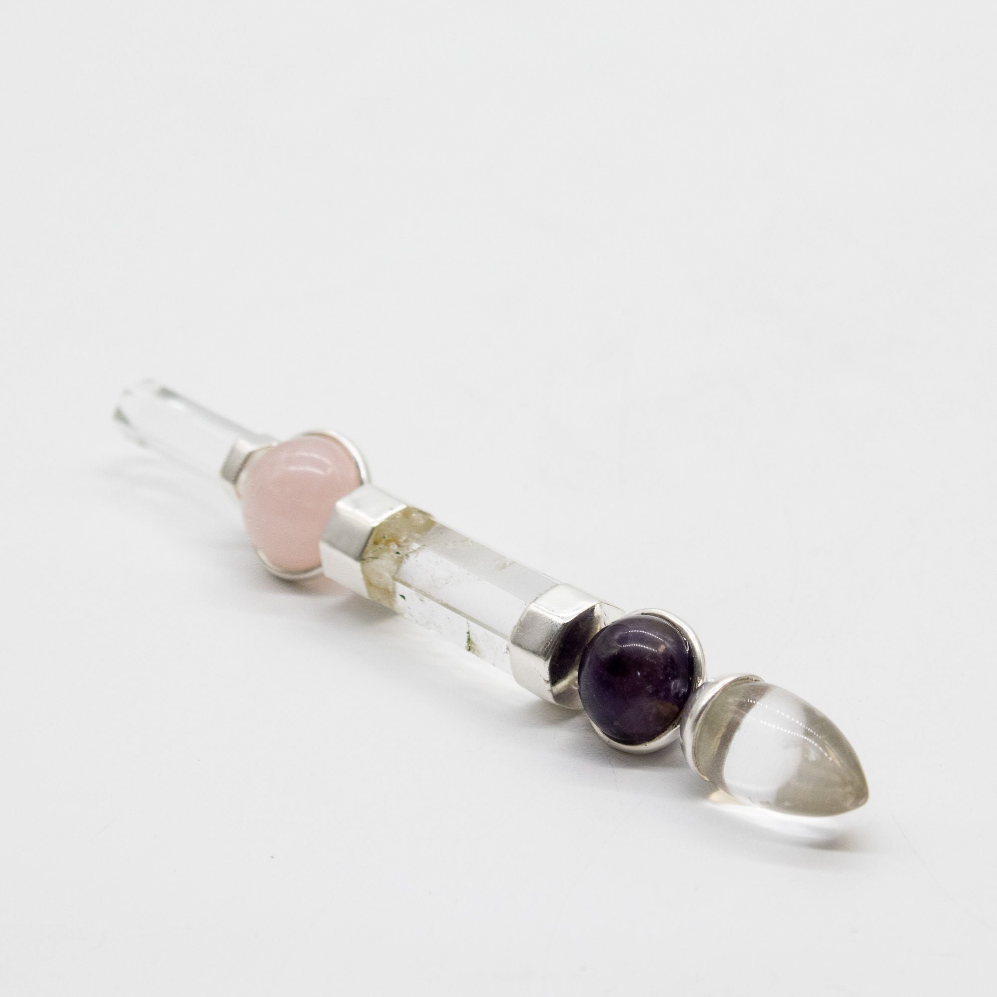 Axis of Grace Wand - Amethyst & Rose Quartz Spheres Stem - 12cm Crystal Healing Wands