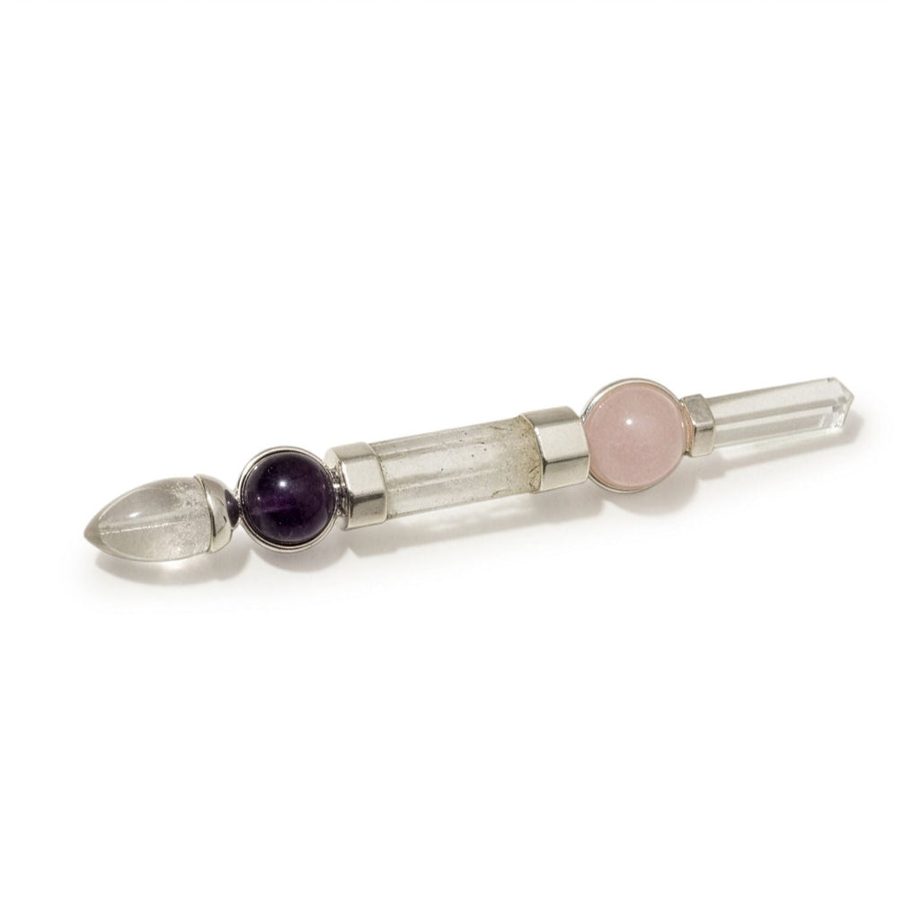 Axis of Grace Wand - Amethyst & Rose Quartz Spheres Stem - 12cm Crystal Healing Wands