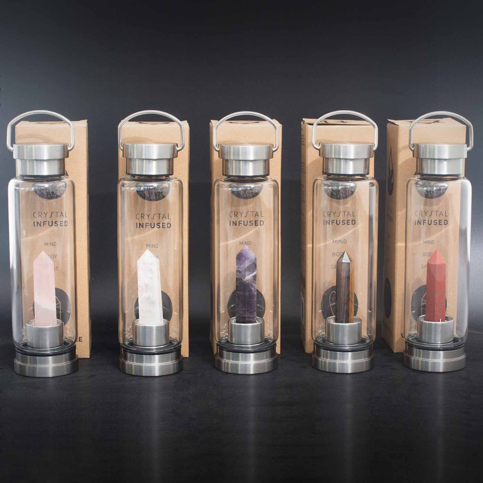 Crystal Infused Glass Water Bottle - Relaxing Amethyst - Obelisk - Crystal Infused Glass Bottle 500 ml