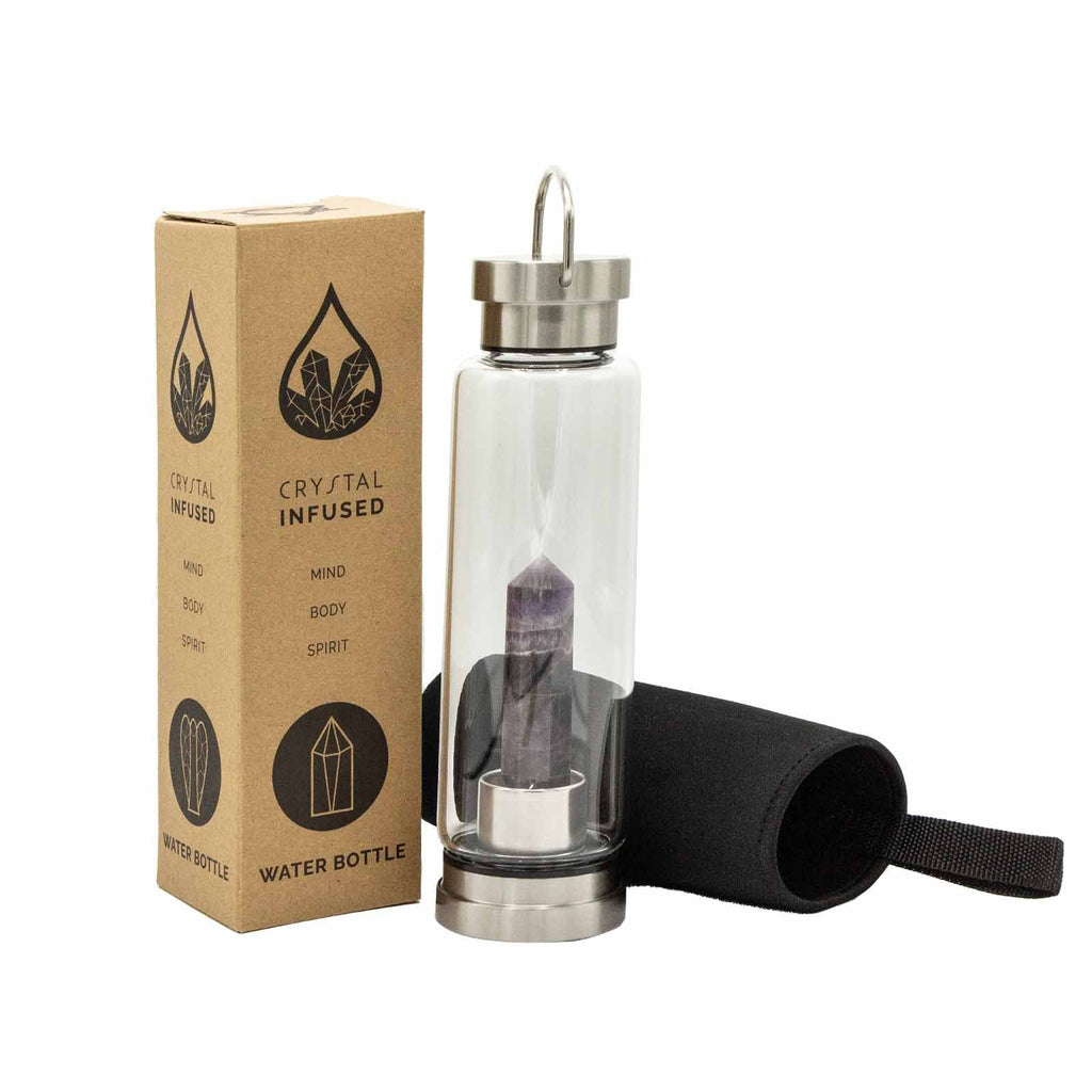 Crystal Infused Glass Water Bottle - Relaxing Amethyst - Obelisk - Crystal Infused Glass Bottle 500 ml