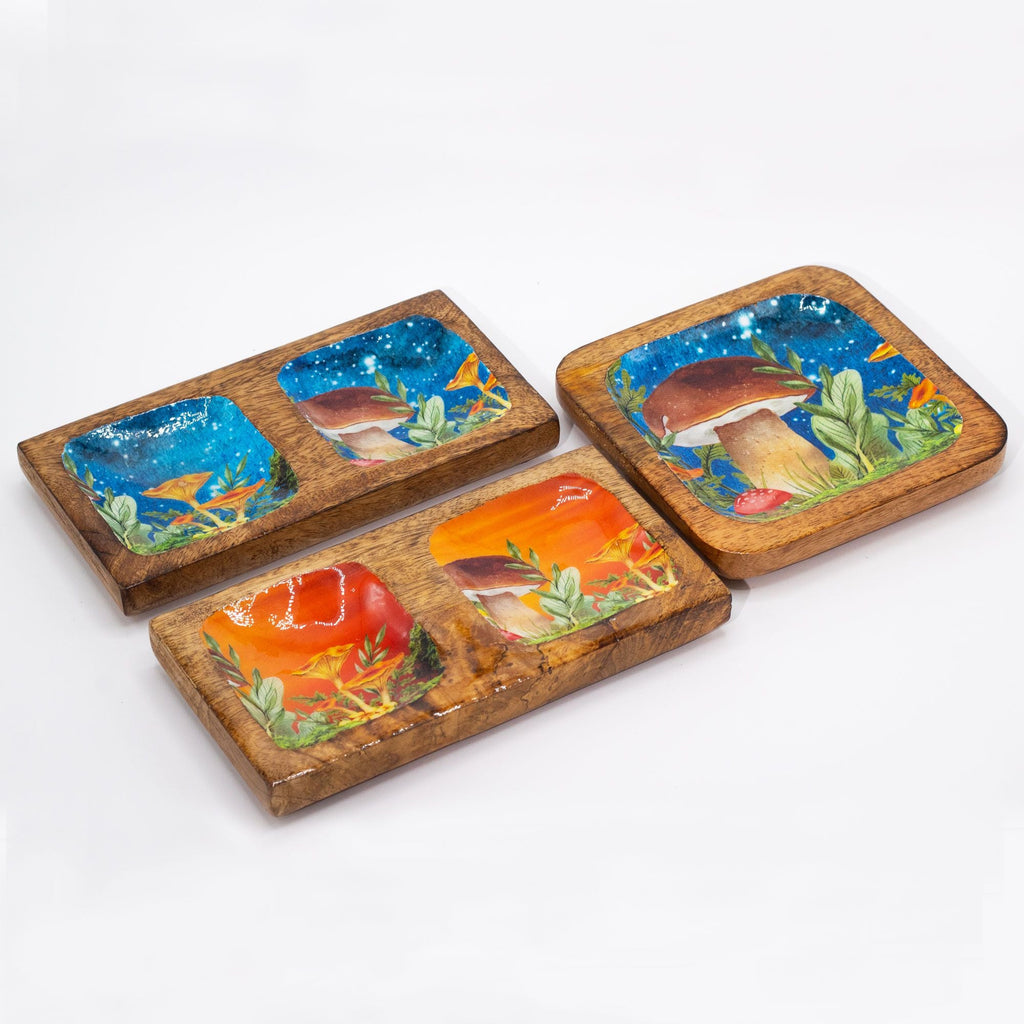 Big Square Trinket Tray 15x15x2.5cm - Mushroom Design Teal Enamelled Boxes and Trays