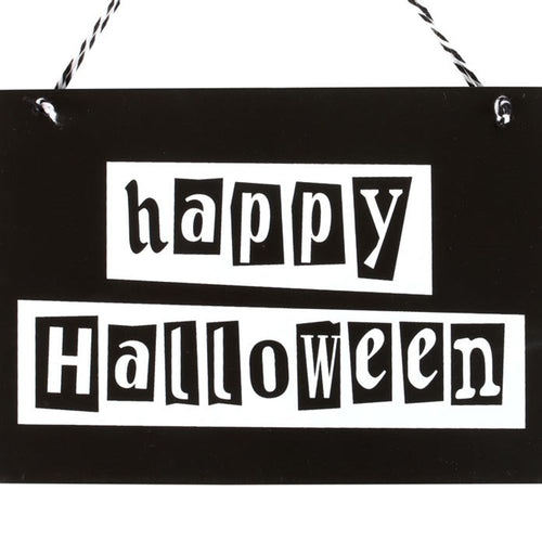 Black and White Happy Halloween Hanging Sign From Witch, Please!