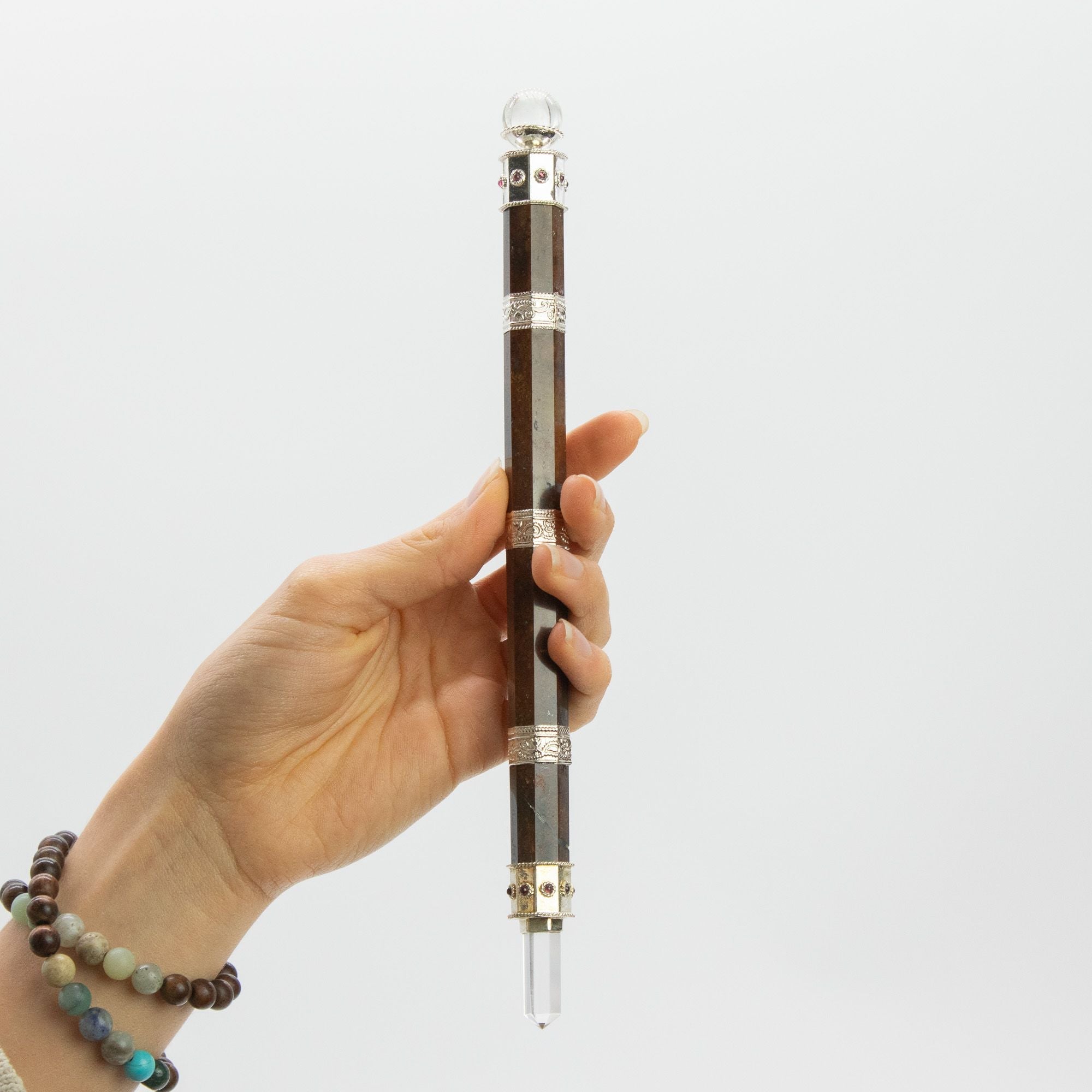 Bloodroot Soverign Wand -Extra Long Fancy Jasper Magic- Crystal Ball top - 26cm Healing Wands