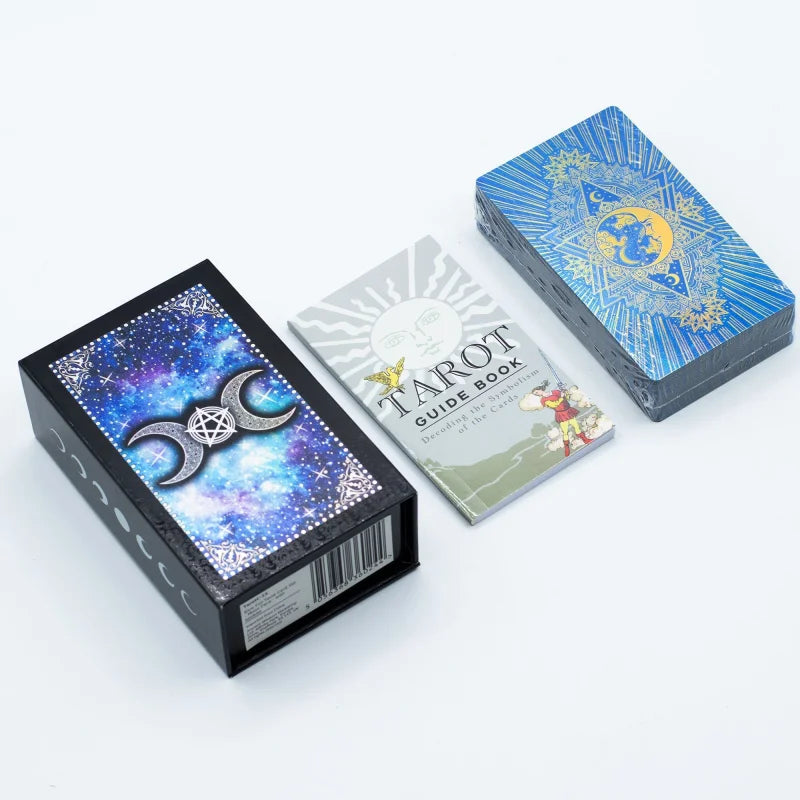 Blue Foil Tarot Card Set - Moon Face - with booklet Cards & Reading Cloths