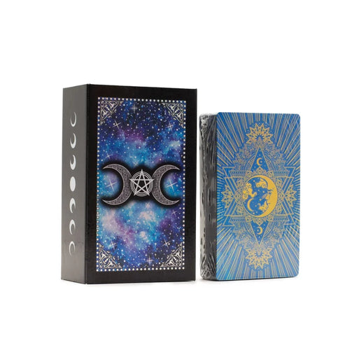 Blue Foil Tarot Card Set - Moon Face - with booklet Cards & Reading Cloths