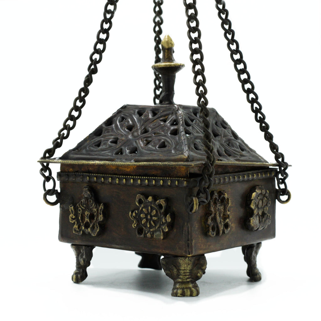 Brass Tibetan Burner - Eight Symbols Square Hanging Pot From Witch, Please!