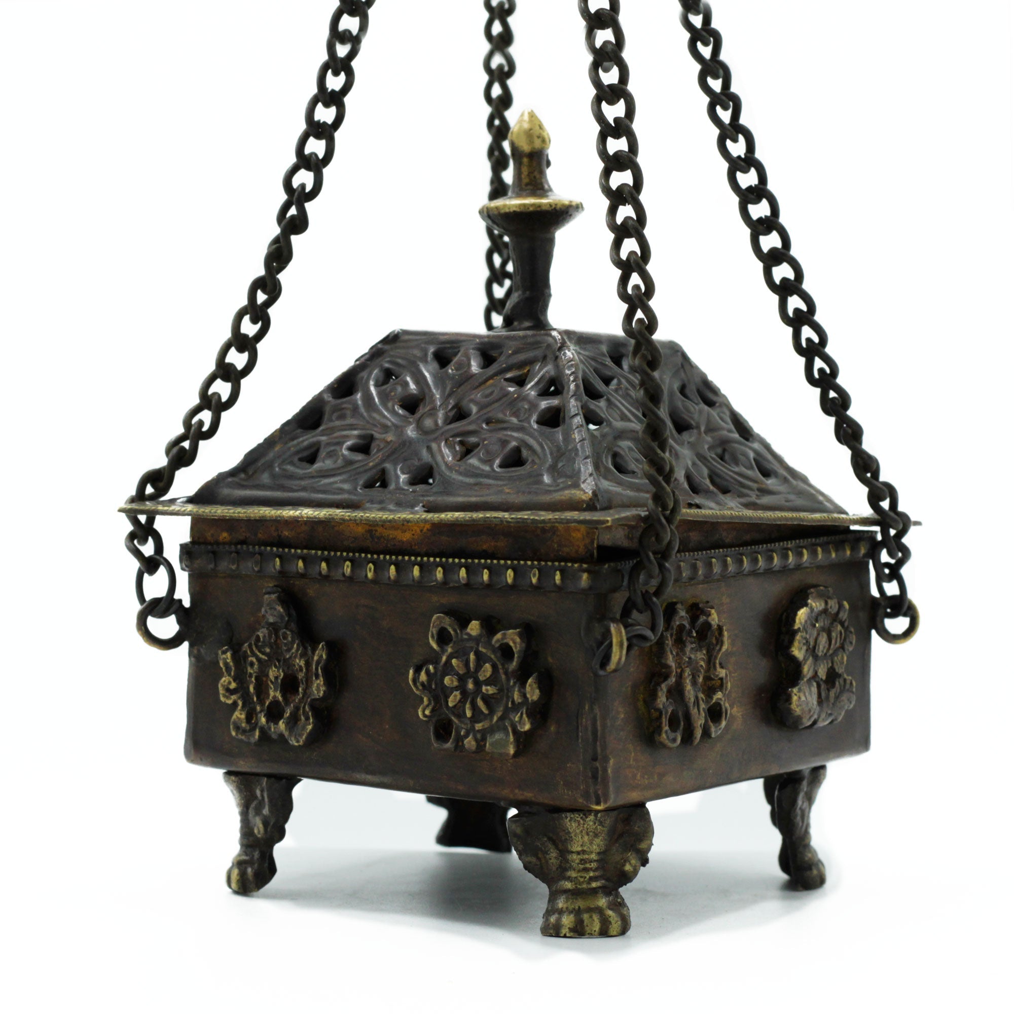 Brass Tibetan Burner - Eight Symbols Square Hanging Pot From Witch, Please!
