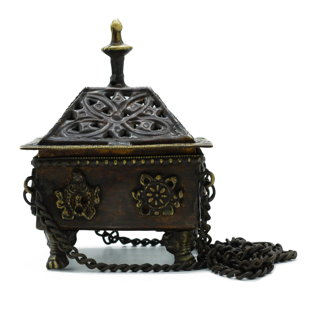 Brass Tibetan Burner - Eight Symbols Square Hanging Pot From Witch, Please!
