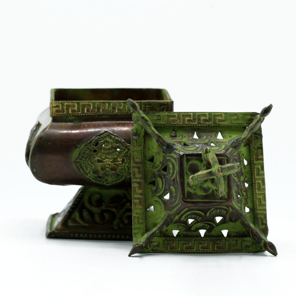 Brass Verdigris Tibetan Burner - Four Symbols Square Standing Pot From Witch, Please!