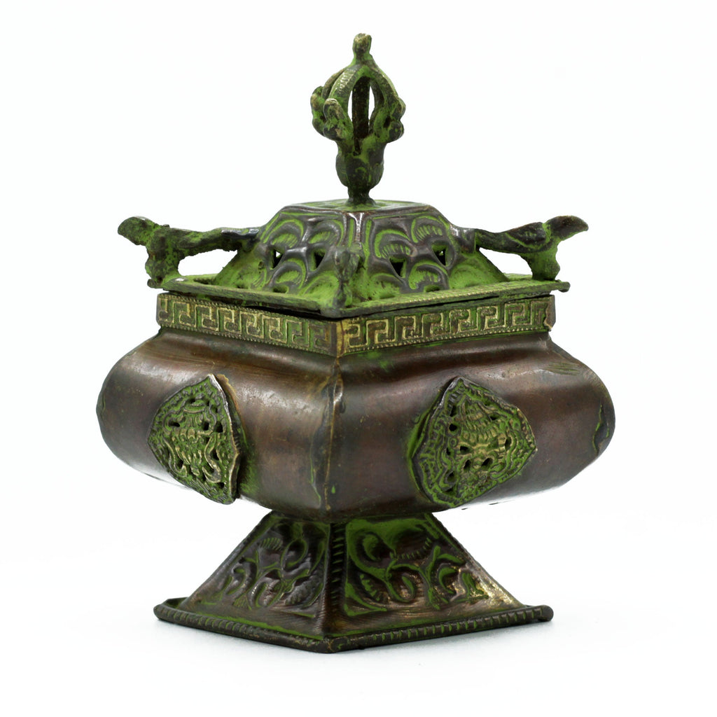 Brass Verdigris Tibetan Burner - Four Symbols Square Standing Pot From Witch, Please!