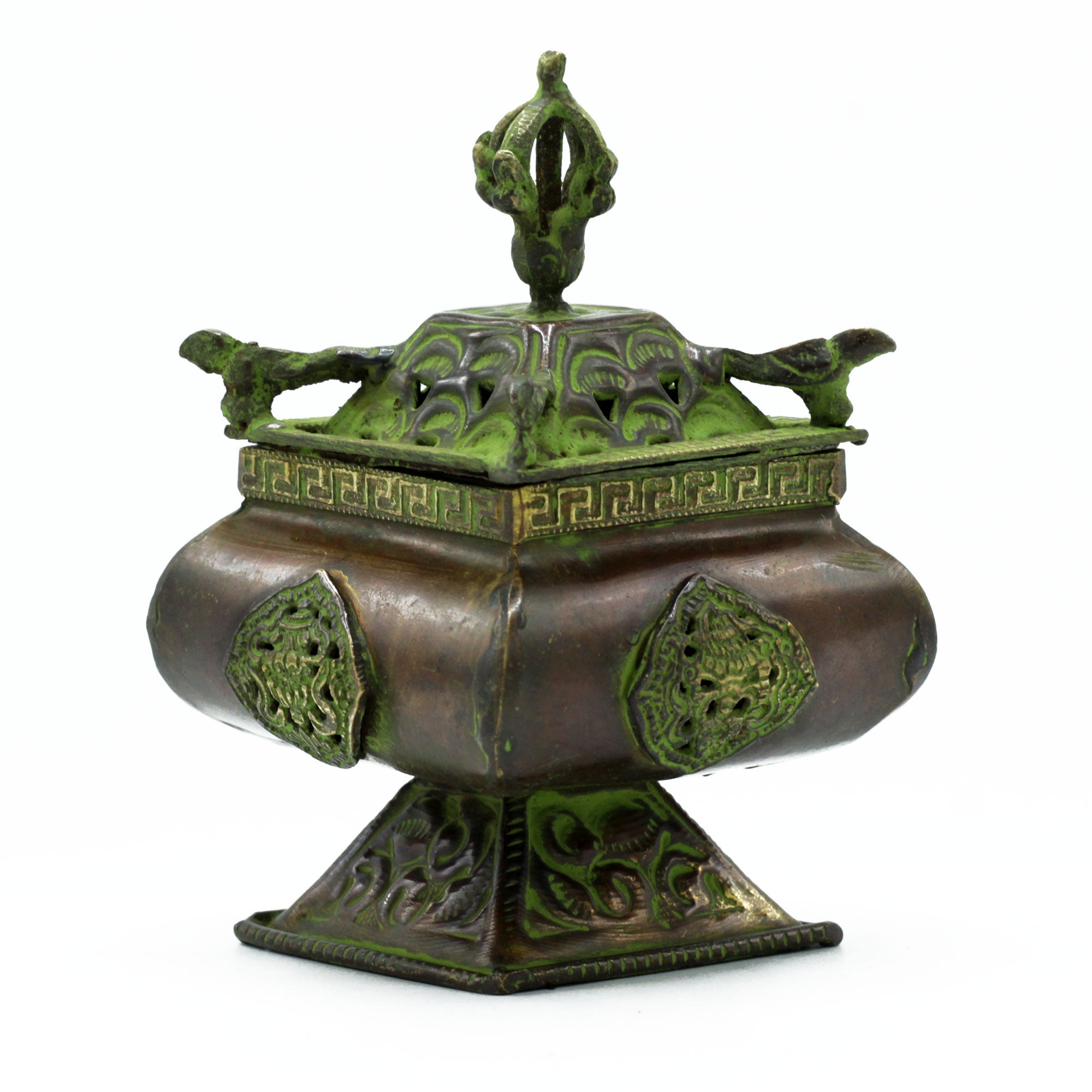 Brass Verdigris Tibetan Burner - Four Symbols Square Standing Pot From Witch, Please!