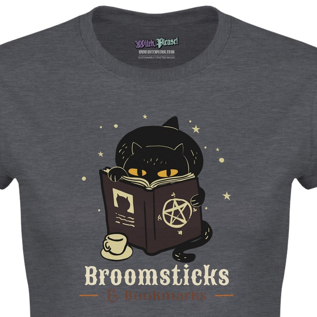 Broomsticks and Bookmarks Women’s T-Shirt - Cat Reading a Spell Book Design
