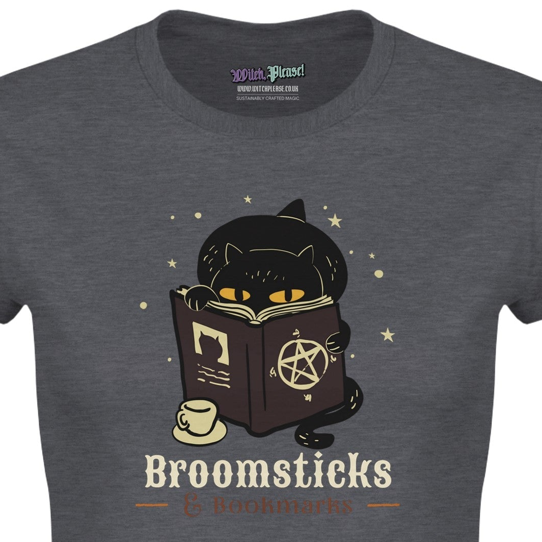 Broomsticks and Bookmarks Women’s T-Shirt - Cat Reading a Spell Book Design