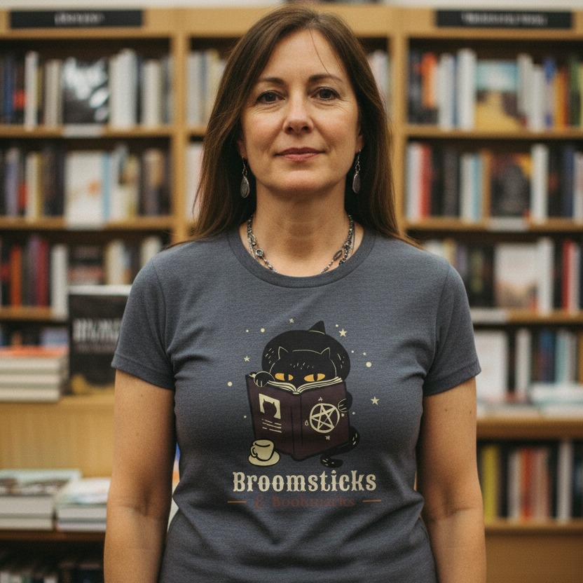 Broomsticks and Bookmarks Women’s T-Shirt - Cat Reading a Spell Book Design