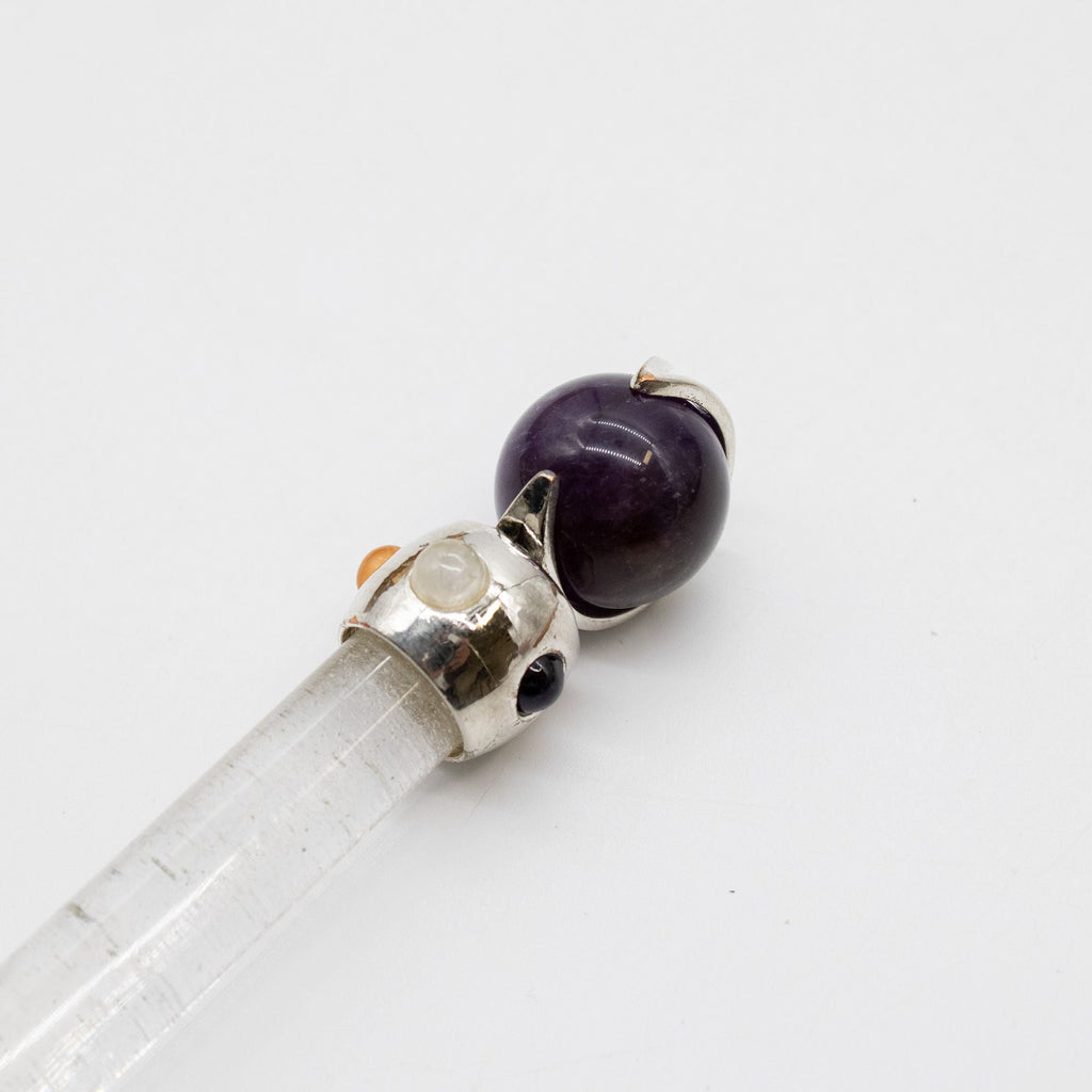 Celestial Prism Wand - Amethyst Moving Crystal Sphere Quartz Stem - 12cm Healing Wands