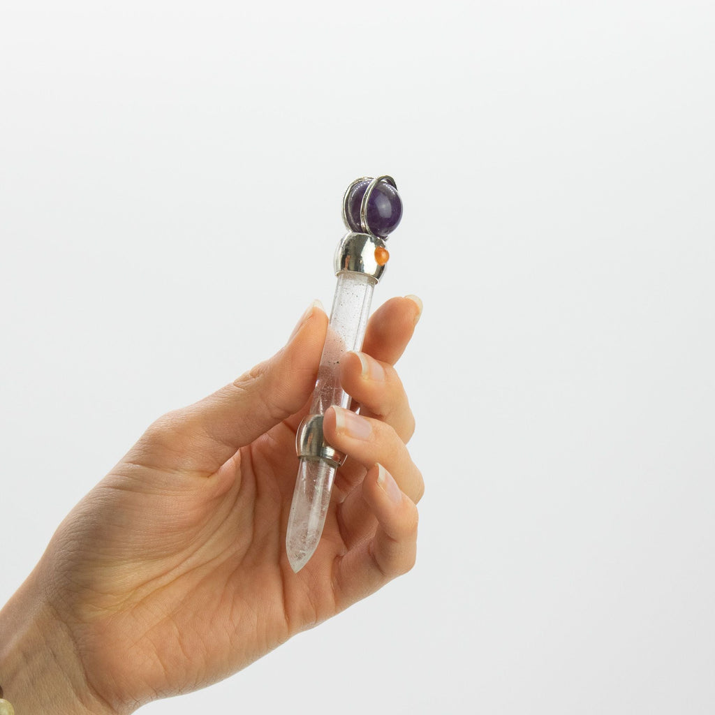 Celestial Prism Wand - Amethyst Moving Crystal Sphere Quartz Stem - 12cm Healing Wands