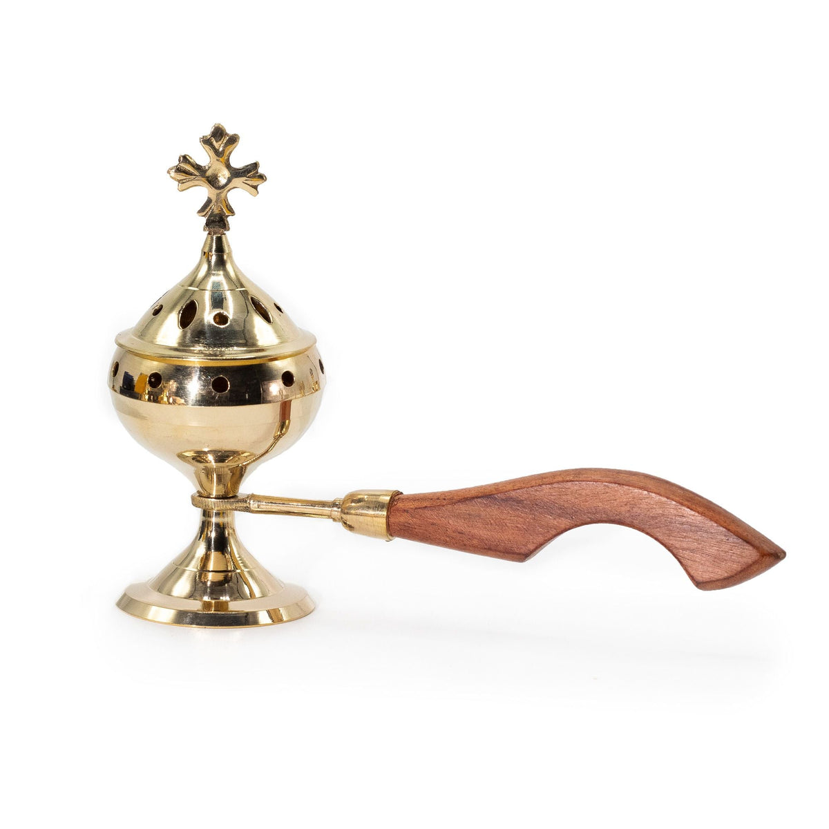 Censer Incense Burner with Wooden Handle - Cross Traditional Brass Burners