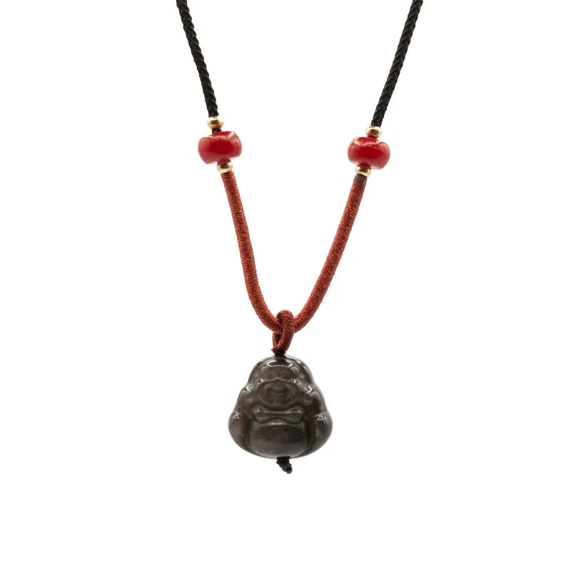 Cool Gemstone Pendants - Sliver Obsidian Buddha Cord Necklace