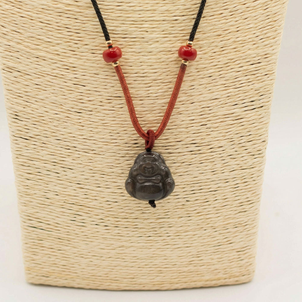 Cool Gemstone Pendants - Sliver Obsidian Buddha Cord Necklace