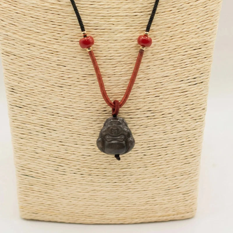 Cool Gemstone Pendants - Sliver Obsidian Buddha Cord Necklace