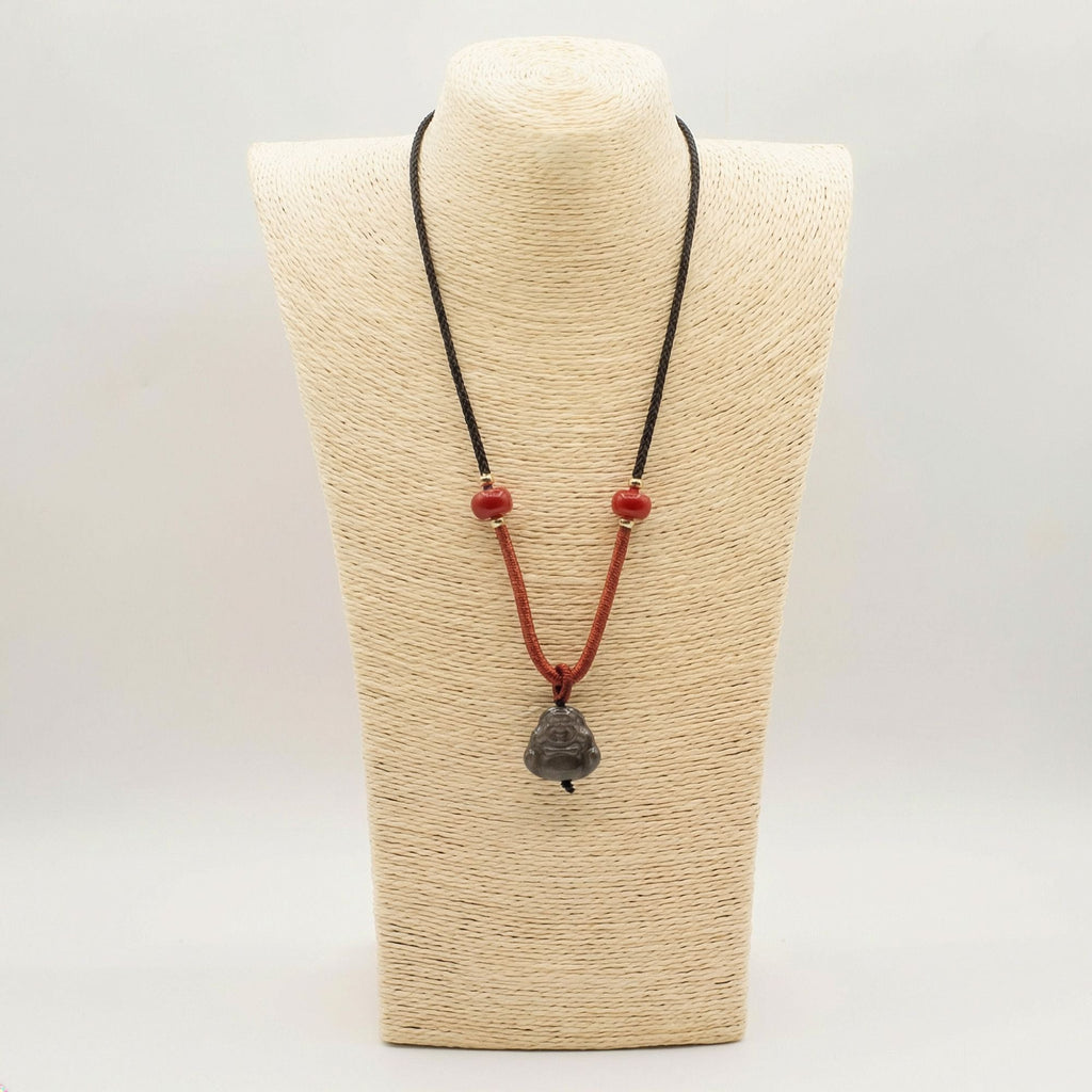 Cool Gemstone Pendants - Sliver Obsidian Buddha Cord Necklace