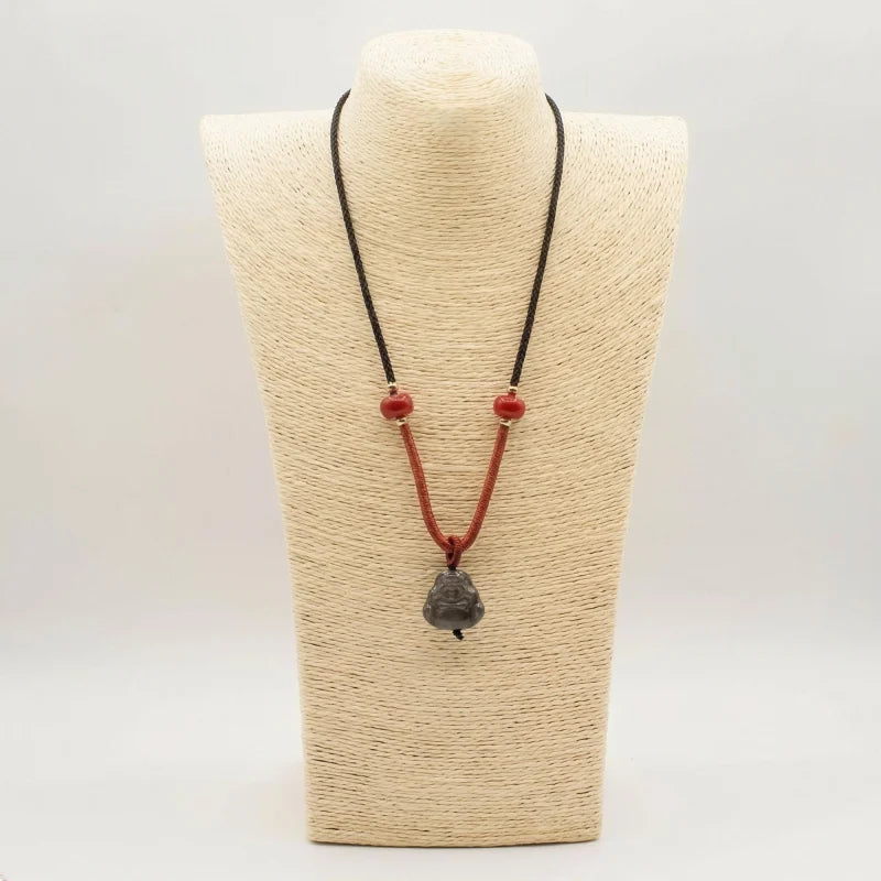 Cool Gemstone Pendants - Sliver Obsidian Buddha Cord Necklace